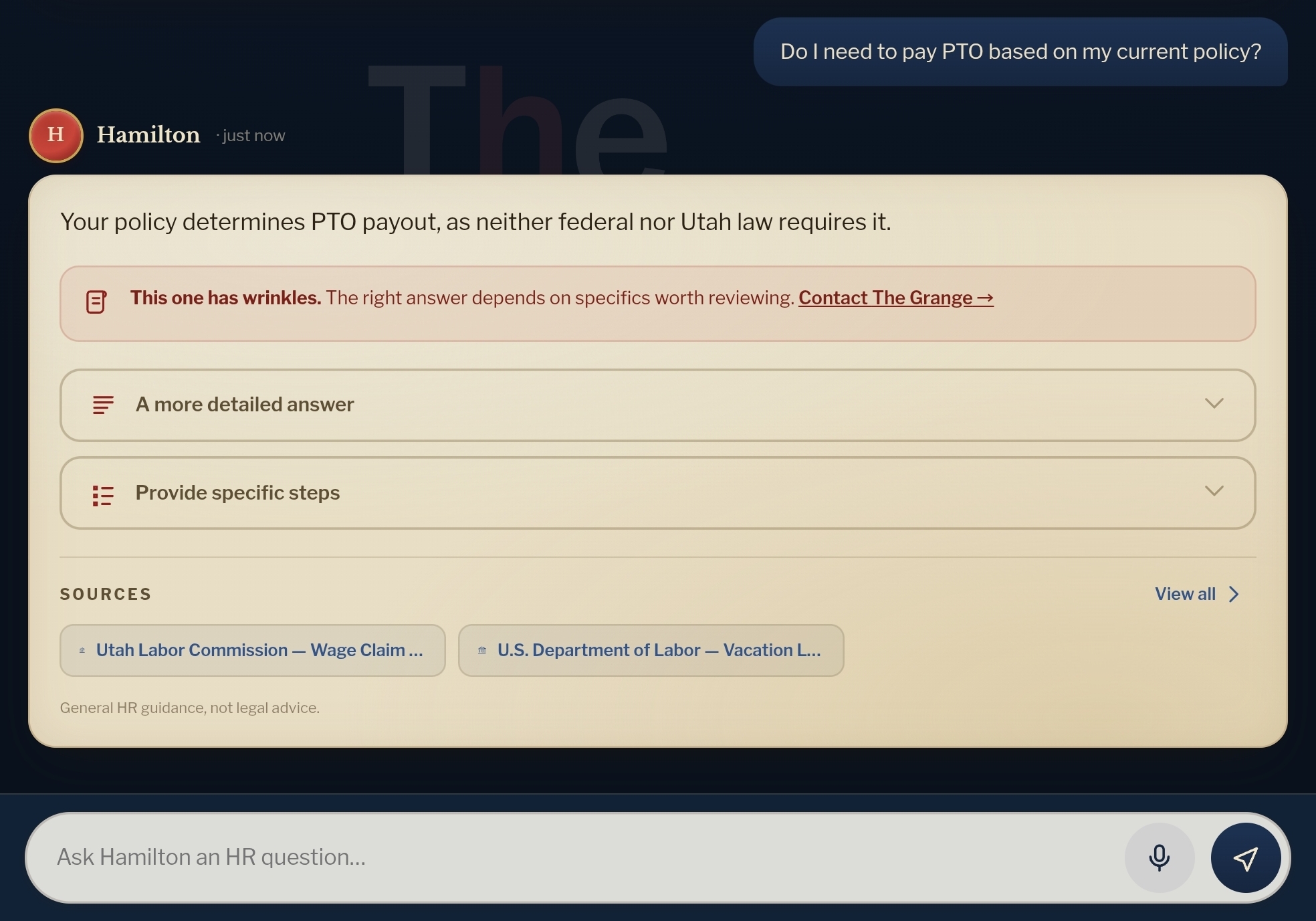 Hamilton answering an HR question, with a link to contact The Grange